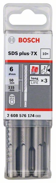 BOSCH HAMMERBOHRER SDS-PLUS-7X, 6 X 50 X 115 MM, 10ER-PACK 2608576174