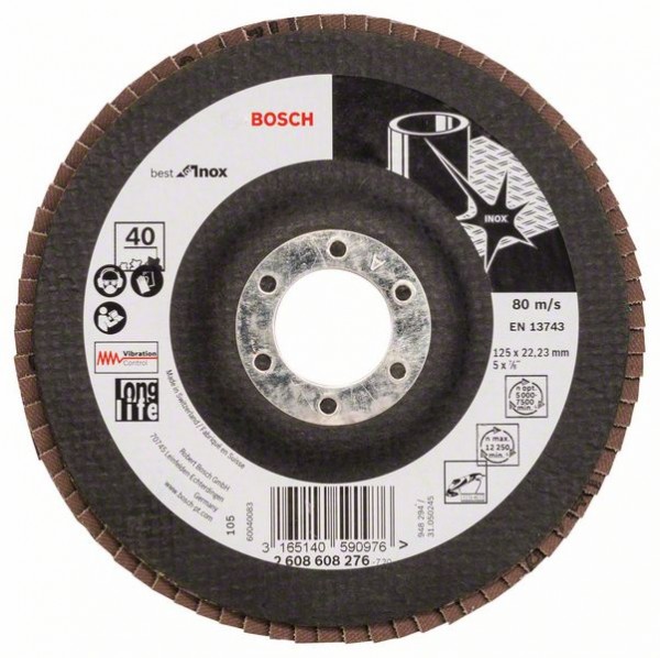 BOSCH FÄCHERSCHLEIFSCHEIBE X581, BEST FOR INOX, 125, 40, GERADE, GLASGEWEBETELLER