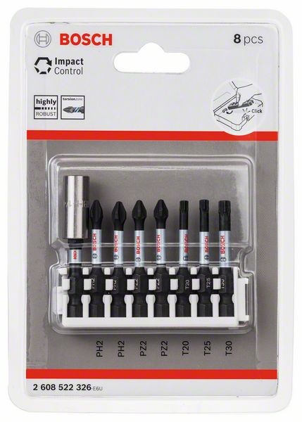 BOSCH SCHRAUBERBIT-SET IMPACT CONTROL, 8-TEILIG, PH2/PZ2/T20-T30, 50 MM, STANDARD 2608522326