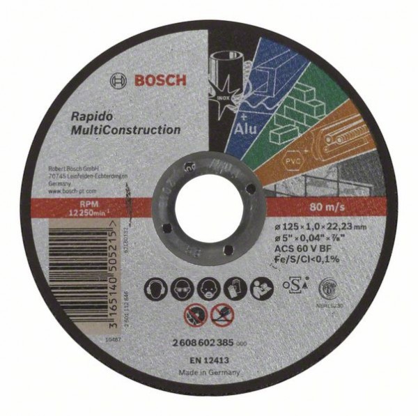 BOSCH TRENNSCHEIBE GERADE RAPIDO MULTI CONSTRUCTION ACS 60 V BF, 125 MM, 22,23 MM, 1,0