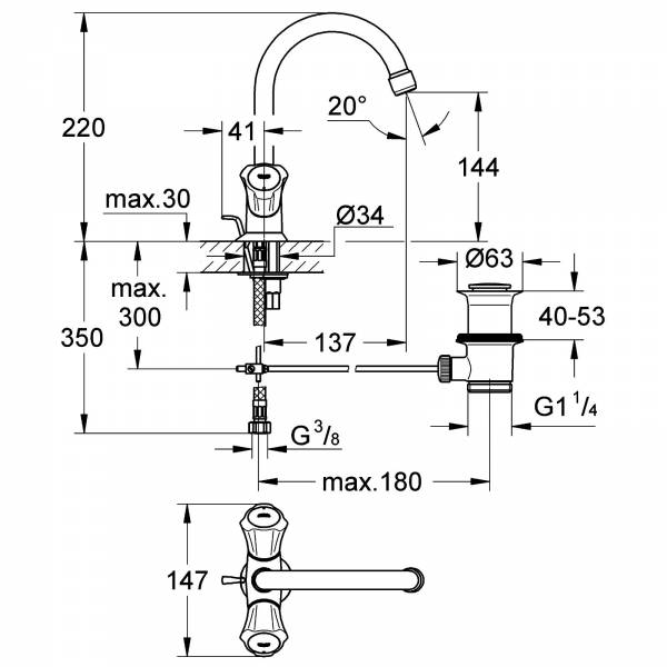 GROHE Zweigriff-WT-Batt. Costa 21375 Zugst.-Abl.grt. flex. A.-Schläuche chrom