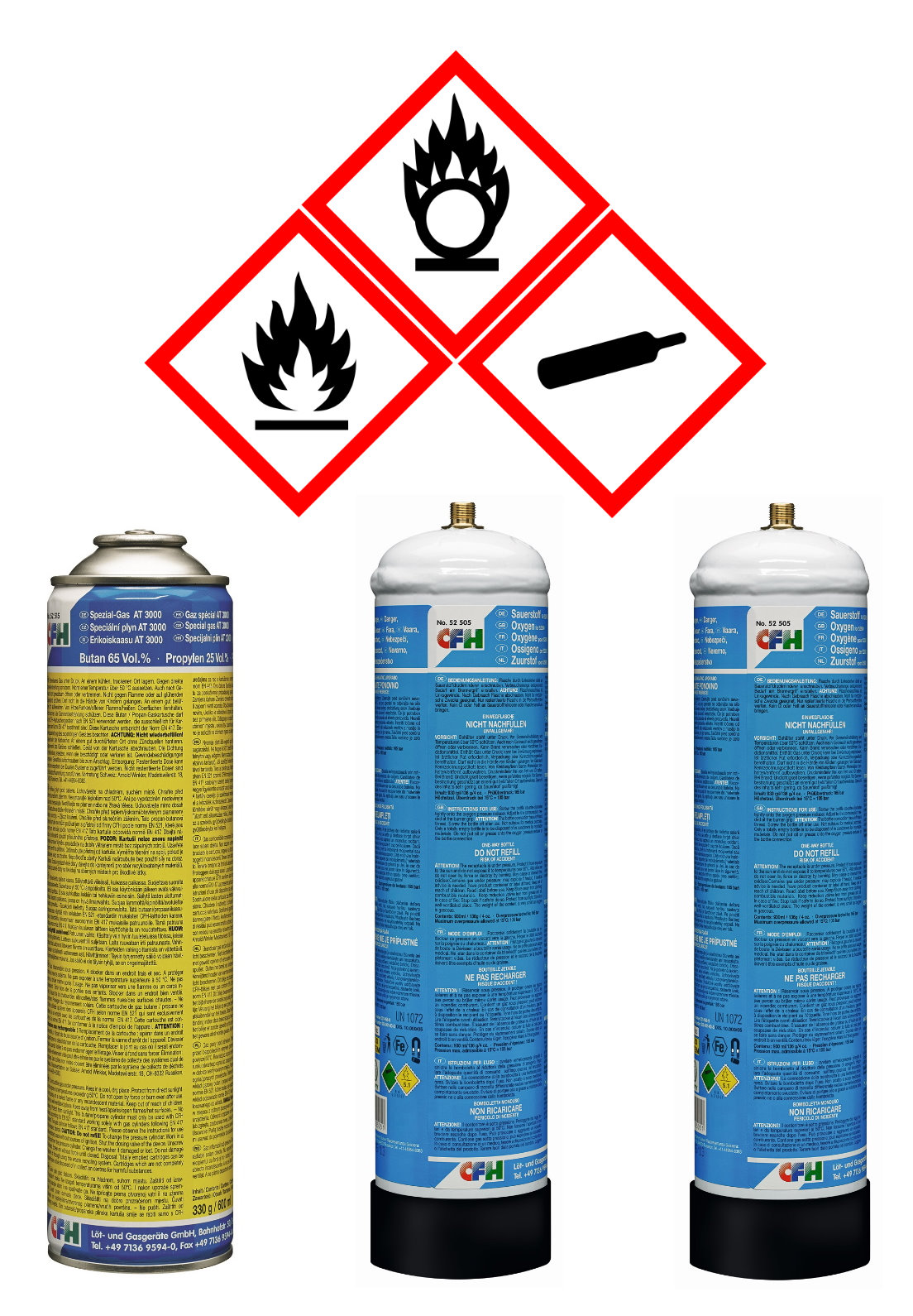 CFH Ersatzgas 2xSauerstoff 1xSpezialgas Butan 65% 25% Propyl