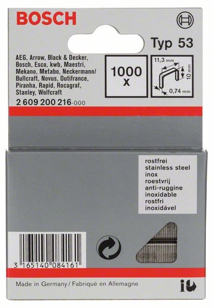 BOSCH FEINDRAHTKLAMMER TYP 53, 11,4 X 0,74 X 10 MM, 1000ER-PACK, ROSTFREI 2609200216