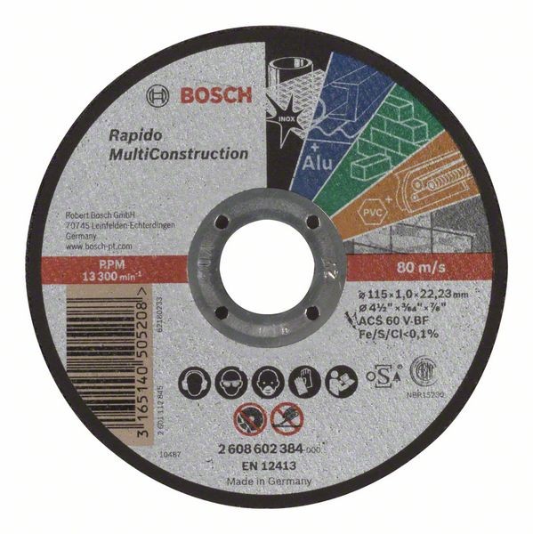 BOSCH TRENNSCHEIBE GERADE RAPIDO MULTI CONSTRUCTION ACS 60 V BF, 115 MM, 22,23 MM, 1,0