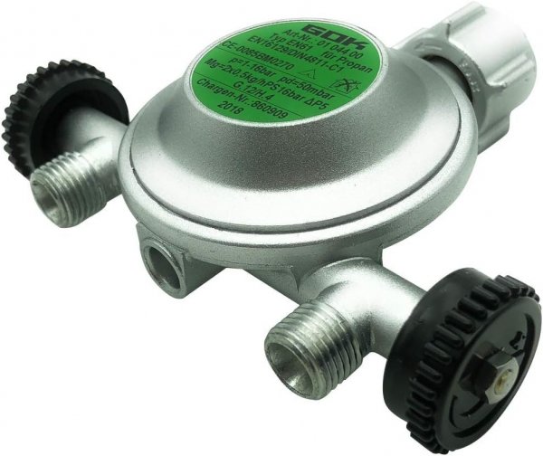GOK Gasregler für 11Kg Flasche 2 Anschl.1/4links1Kg/h 50mbar 0104400