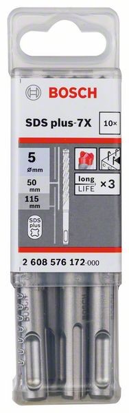 BOSCH HAMMERBOHRER SDS-PLUS-7X, 5 X 50 X 115 MM, 10ER-PACK 2608576172