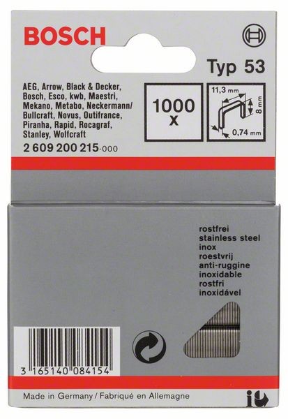 BOSCH FEINDRAHTKLAMMER TYP 53, 11,4 X 0,74 X 8 MM, 1000ER-PACK, ROSTFREI 2609200215