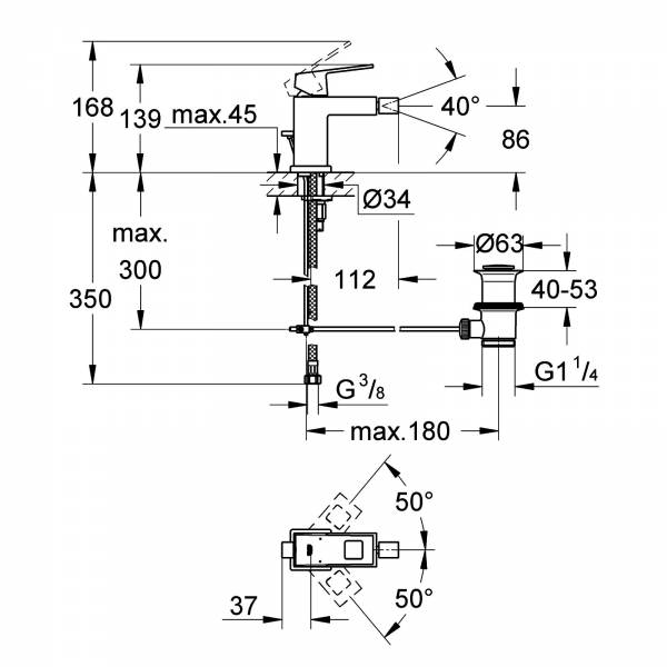 GROHE EH-Bidetbatterie Eurocube 23138 mit Zugstangen-Ablaufgarnitur chrom