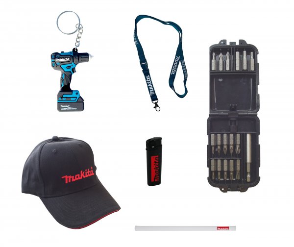 Makita 22tlg Fanset, Bitset Schlüsselanhänger Basecap, Feuerzeug Zimmermannsbleistift, Schl