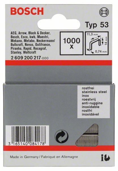 BOSCH FEINDRAHTKLAMMER TYP 53, 11,4 X 0,74 X 14 MM, 1000ER-PACK, ROSTFREI 2609200217