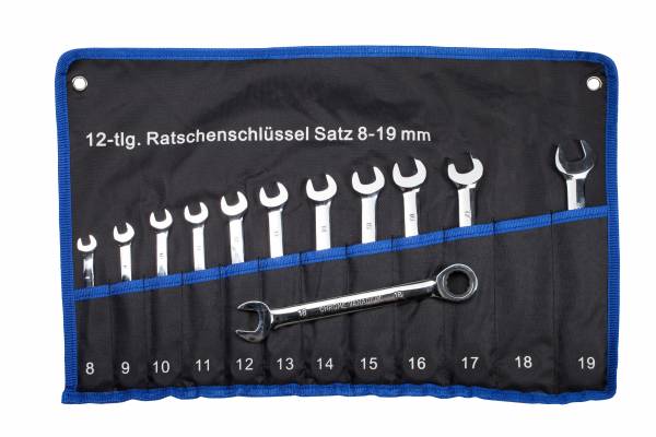 WHB Ring-Ratschenschlüssel-Satz 12-tlg in Rolltasche 8 bis 19 mm umschaltbar