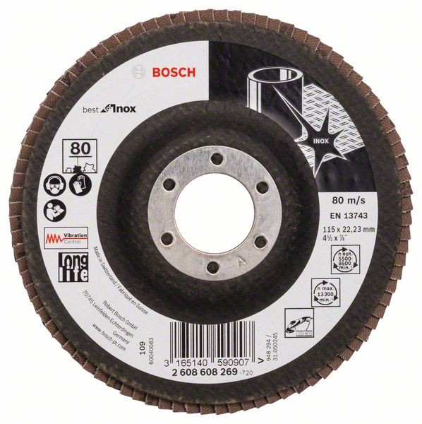 BOSCH FÄCHERSCHLEIFSCHEIBE X581, BEST FOR INOX, 115, 80, GERADE, GLASGEWEBETELLER