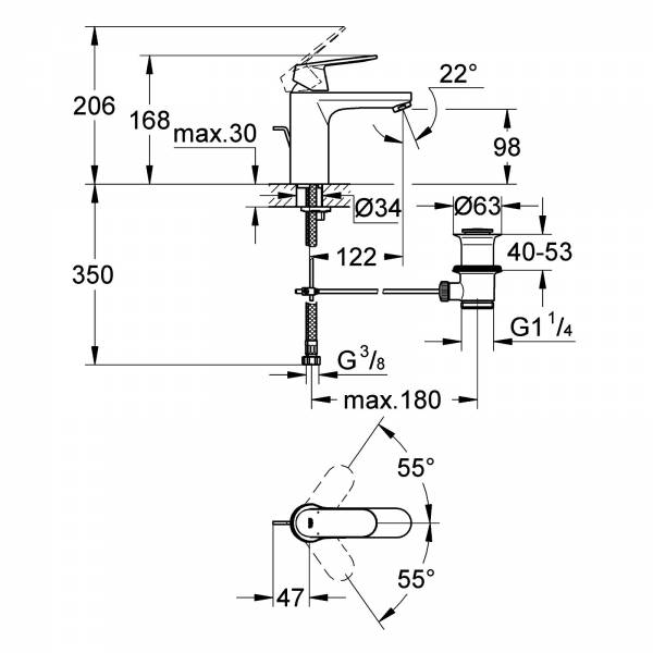 GROHE Einhand-WT-Batterie Eurosmart C 23325 mittelhoch Zugst.-Ablaufgrt. chrom