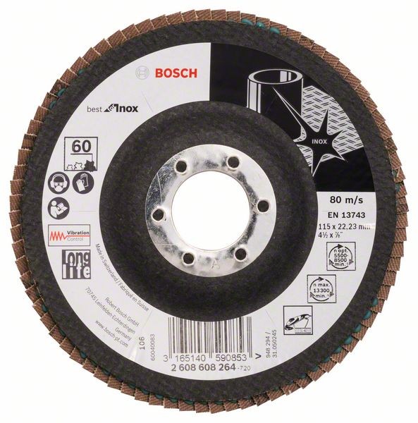 BOSCH FÄCHERSCHLEIFSCHEIBE X581, BEST FOR INOX, 115, 60, GEWINKELT, GLASGEWEBETELLER