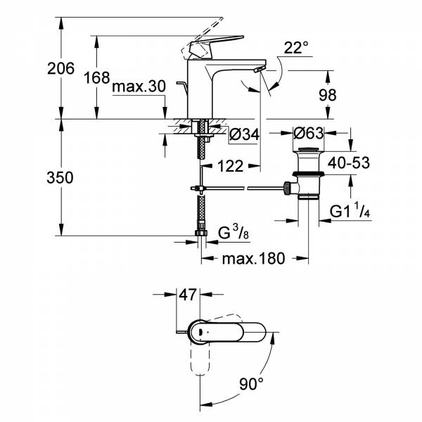 GROHE EH-WT-Batterie Eurosmart C 23396 mittelhoch Mittelstellung kalt chrom