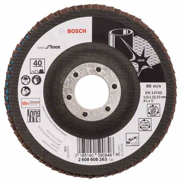 BOSCH FÄCHERSCHLEIFSCHEIBE X581 BEST FOR INOX, 115, 40, GEWINKELT, GLASGEWEBETELLER