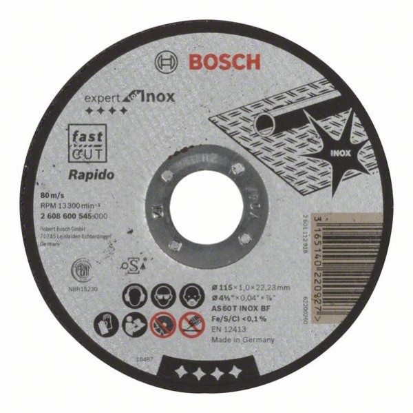 BOSCH TRENNSCHEIBE GERADE EXPERT FOR INOX - RAPIDO AS 60 T INOX BF, 115 MM, 22,23 MM