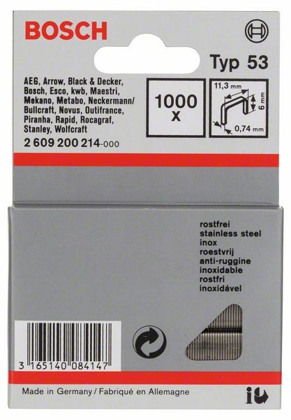 BOSCH FEINDRAHTKLAMMER TYP 53, 11,4 X 0,74 X 6 MM, 1000ER-PACK, ROSTFREI 2609200214